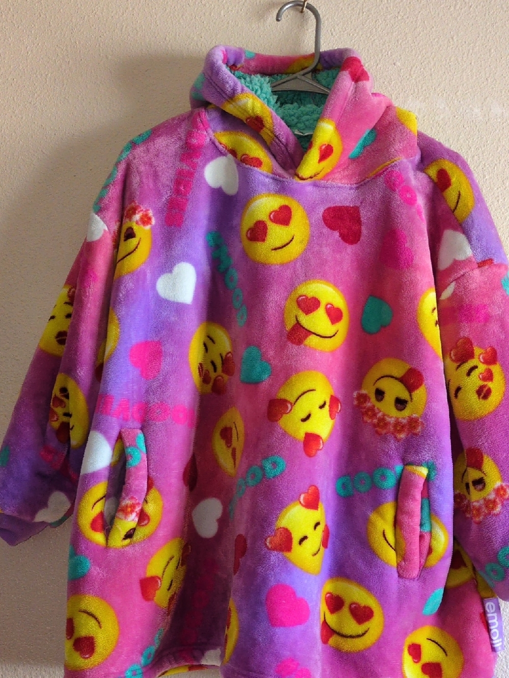 Emoji Heart-Eyes Plush Hoodie - Pink & Purple With Teal Inside Plush One Size